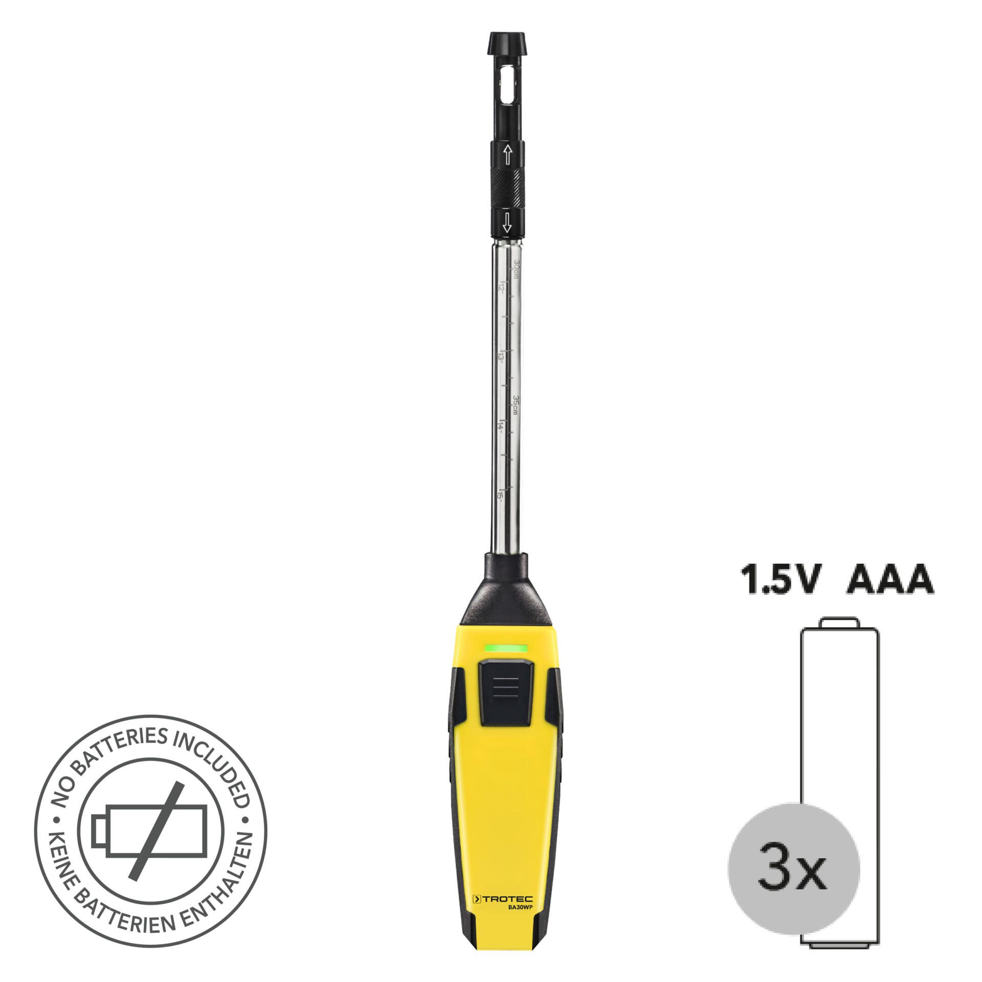 BA30WP Hitzdraht-Anemometer mit Smartphone-Bedienung. Gelbes Messgerät mit ausziehbarer Sonde zur Luftstrommessung. Keine Batterien enthalten.