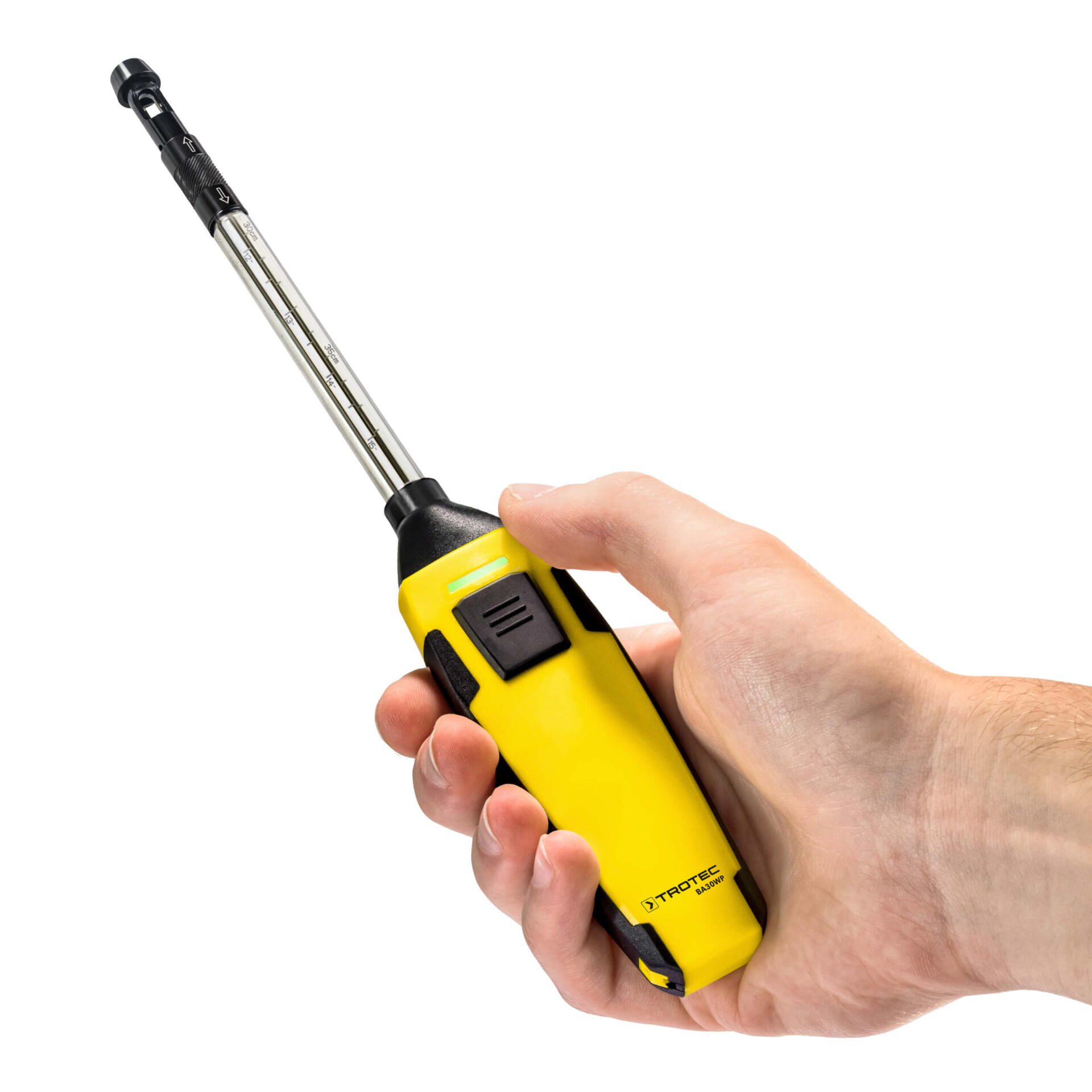 Hitzdraht-Anemometer BA30WP in Hand. App-Sensor zur Windmessung mit Smartphone-Bedienung. Präzise Messung von Luftgeschwindigkeit und Temperatur.