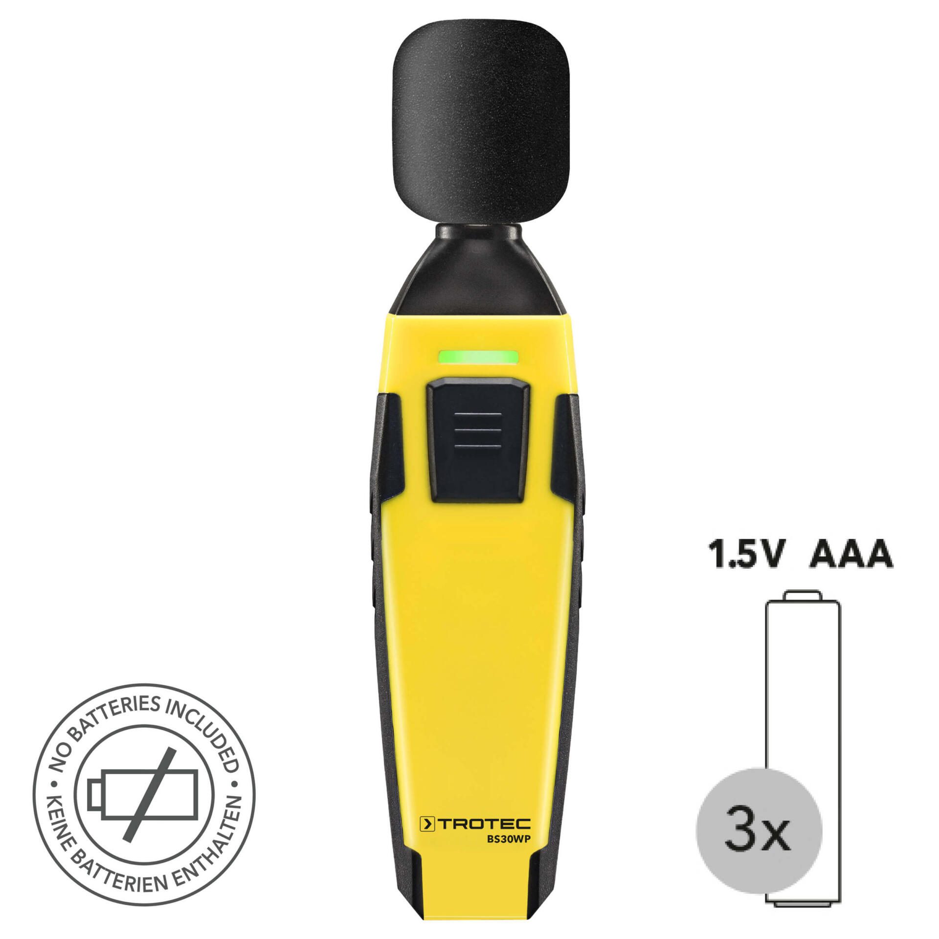 Gelbes Schallpegel-Messgerät BS30WP mit App-Sensoren und Smartphone-Bedienung. Ideal zur Schallmessung. Keine Batterien inklusive.