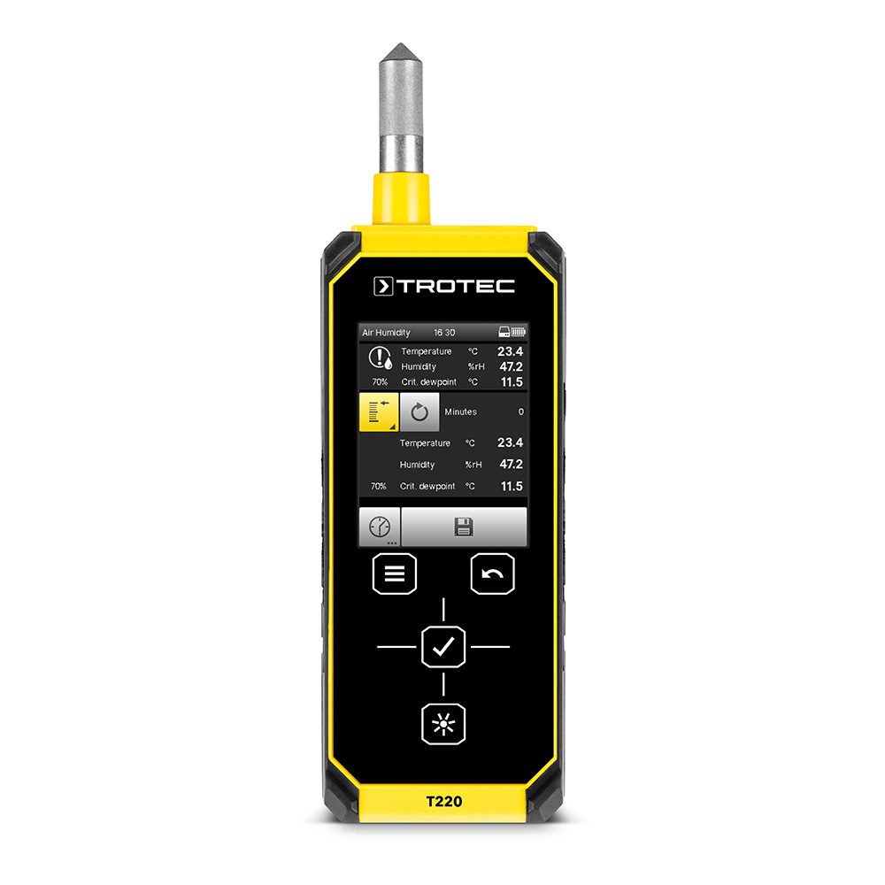 Thermohygrometer T220 von Trotec: Ein digitales Messgerät zur Bestimmung von Temperatur und Luftfeuchtigkeit. Ideal für präzise Messungen.