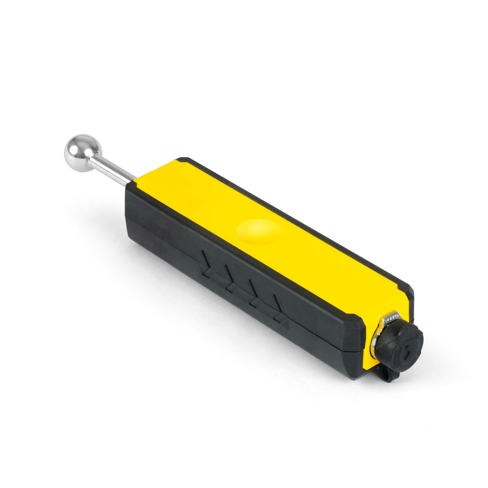 Das Bild zeigt einen gelb-schwarzen, dielektrischen Feuchtesensor TS670-SDI. Der Sensor hat eine Kugel am Ende und dient zur Messung von Feuchtigkeit.