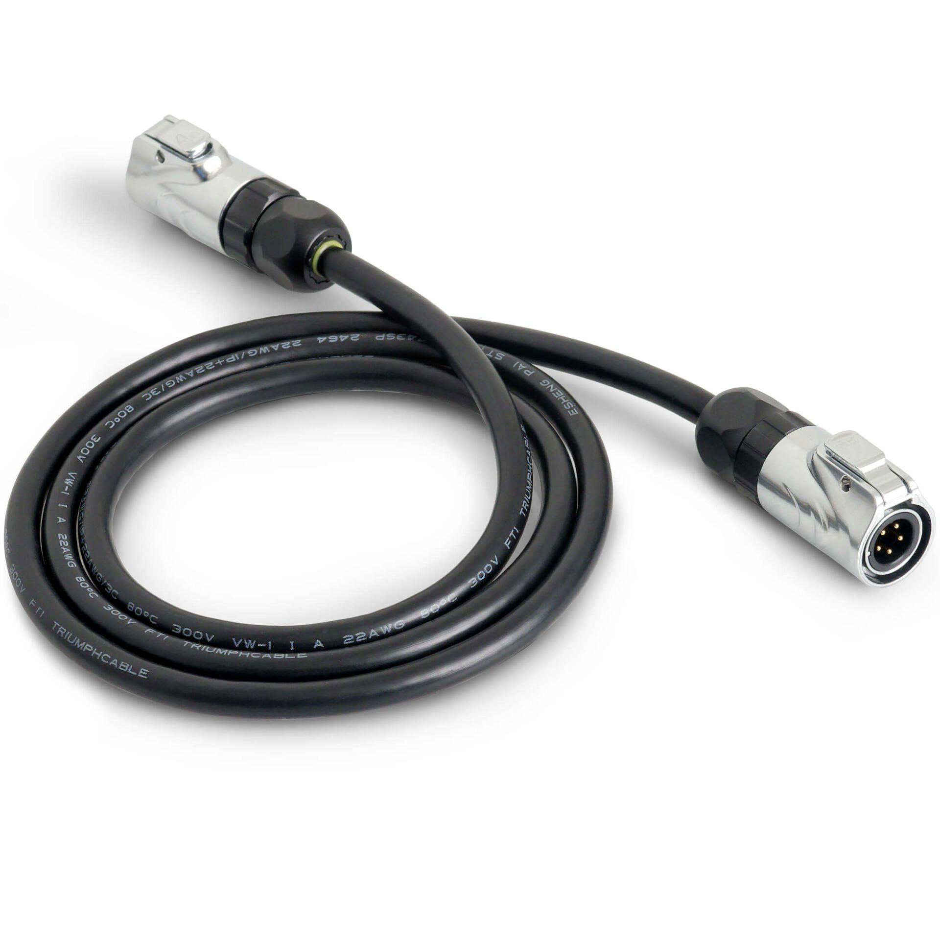 Schwarzes TC40-1m-Verbindungskabel mit silbernen Steckern an beiden Enden, auf einem weißen Hintergrund. Kabel für professionelle Anwendungen.