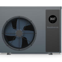 Dantherm Inverter Schwimmbad Wärmepumpe HPP-i 8: Graue Pool-Wärmepumpe mit Ventilator und digitalem Display für effiziente Poolheizung.