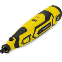 Akku-Multifunktionswerkzeug PMTS-01-12V von Trotec: Ein gelb-schwarzes, kabelloses Werkzeug inklusive Akku und Ladegerät im Detail.