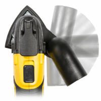 Detailaufnahme Akku-Multifunktionswerkzeug PMTS 10-20V: Gelbes Gehäuse, schwarzer Schleifkopf mit Schleifpapier, flexibler Staubabsaugung