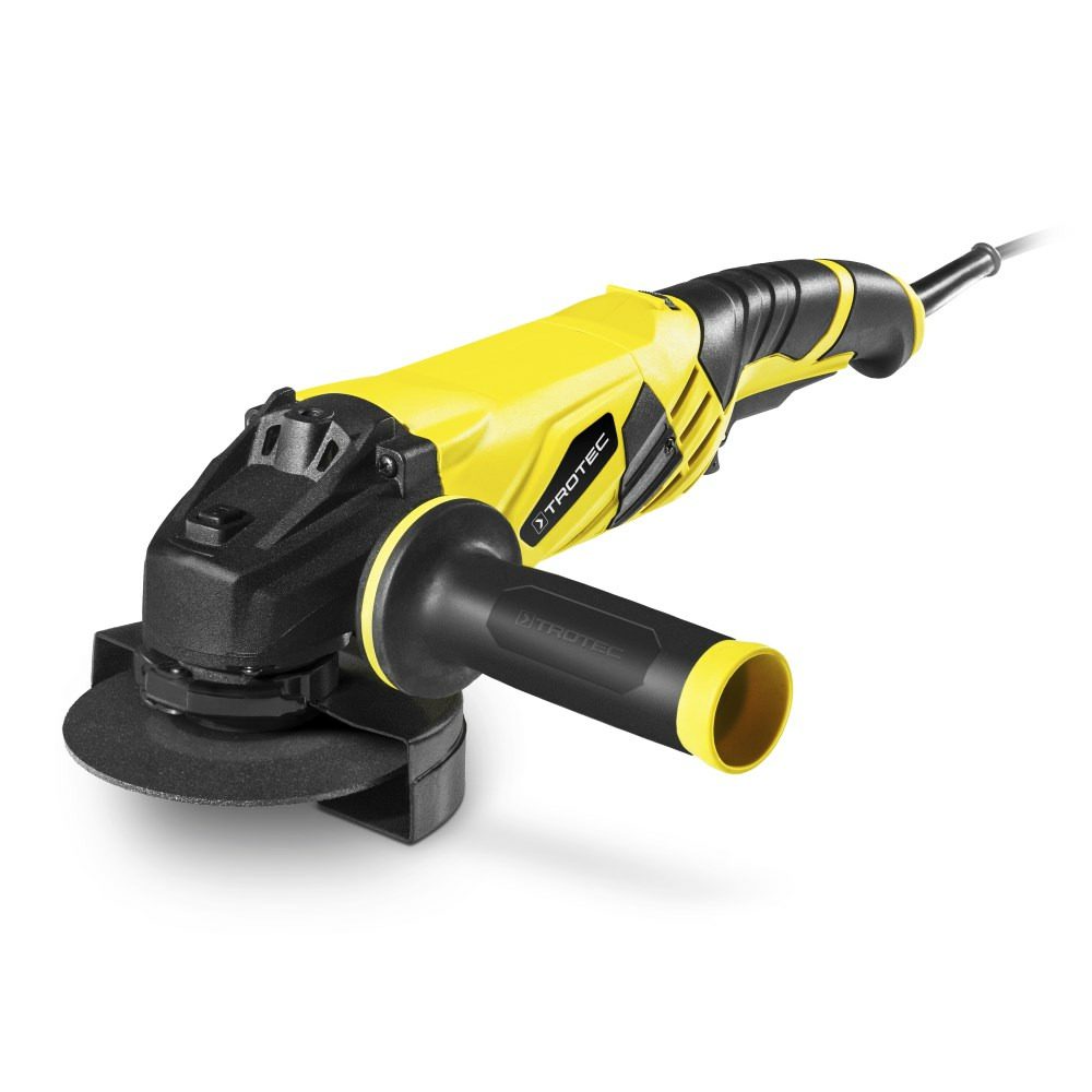 Gelber Winkelschleifer PAGS 10-125 von Trotec im Detail. Das Elektrowerkzeug ist mit einem schwarzen Handgriff und Trennscheibe ausgestattet.