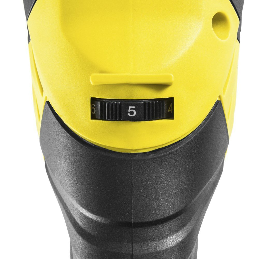 Detailaufnahme eines gelben Winkelschleifers PAGS 10-125, Fokus auf Geschwindigkeitsregler Stufe 5. Nahaufnahme der PAGS 10-125 Winkelschleifmaschine.