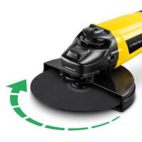 Nahaufnahme des Winkelschleifers PAGS 10-230 von Trotec. Gelbes Gehäuse, schwarzer Schleifkopf mit grüner Drehrichtungsanzeige. Werkzeug für Profis.