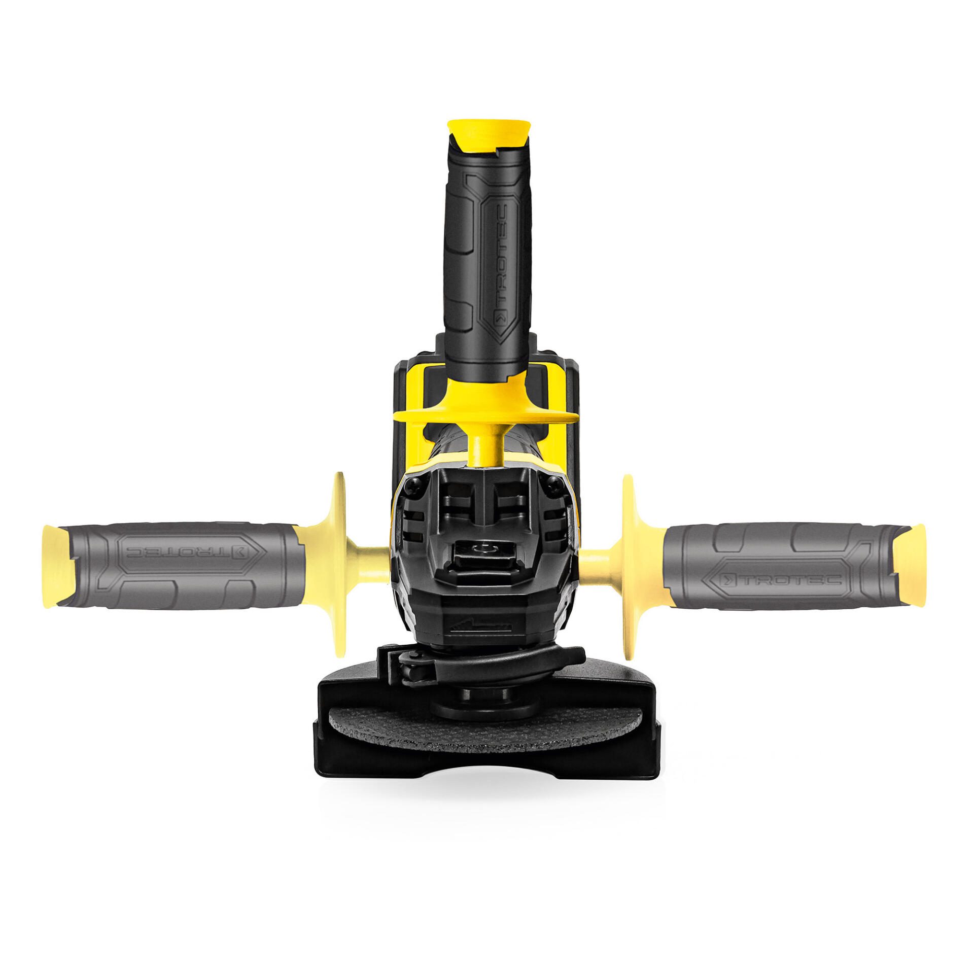 Nahaufnahme Akku-Winkelschleifer PAGS 21-115. Schwarz-gelbes Design. Ideal für Schleifarbeiten, Trennen & Polieren. Leistungsstark & kabellos!