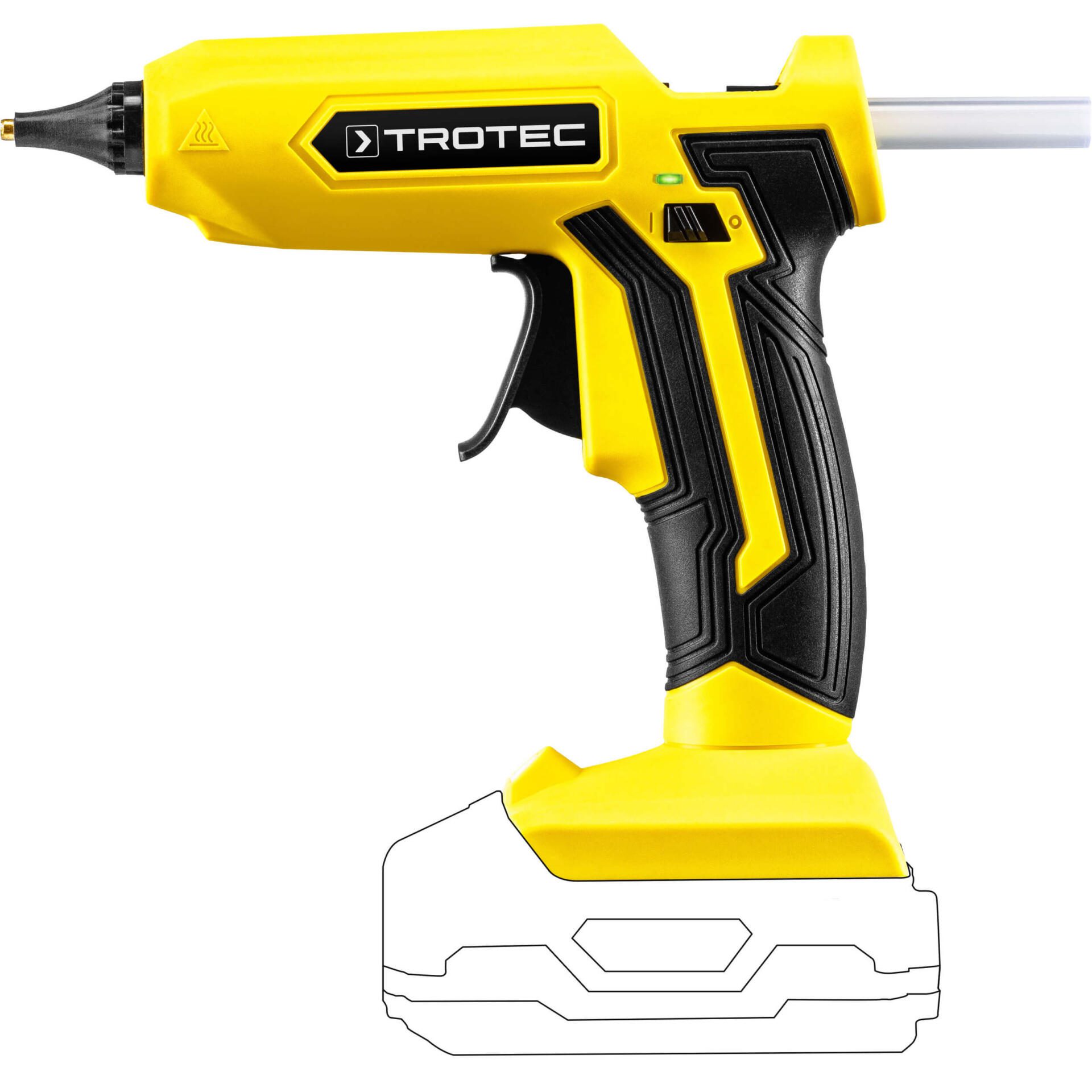 Gelbe Akku-Heißklebepistole PGGS 10-20V von Trotec: Ideal für Bastelarbeiten und schnelles Kleben, kabellos und flexibel. Hohe Leistung, präzise Anwendung.