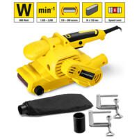 Bandschleifer PBSS 10-800: Gelber Bandschleifer von Trotec mit Zubehör wie Staubbeutel und Klemmen, ideal für präzises Schleifen. 800 Watt Leistung.