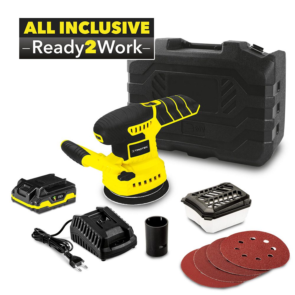 Akku-Exzenterschleifer PESS 10-20V von Trotec: Komplettset mit Akku, Ladegerät, Staubfangbox und Schleifpapier. Ideal für Heimwerkerprojekte.