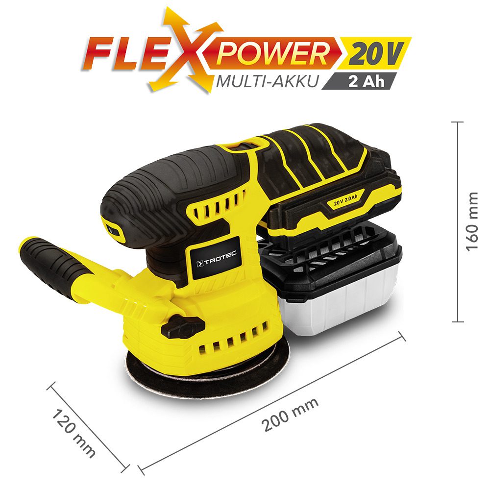 Akku-Exzenterschleifer PESS 10-20V von Trotec. Gelb-schwarzes Design, inklusive Akku und Ladegerät. Ideal für Schleifarbeiten mit hoher Leistung.