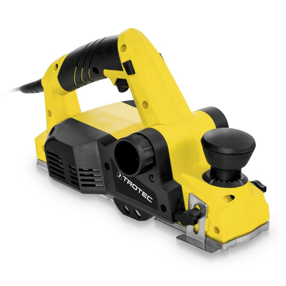 Gelber Elektrohobel PPLS 10-750 von Trotec, ideal für präzises Hobeln von Holzoberflächen. Kompaktes Design, hohe Leistung für Profis.