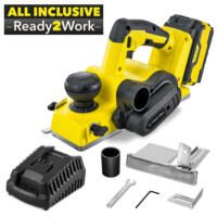 Akku-Elektrohobel PPLS 10-20V: Gelber Hobel mit Akku und Ladegerät. Ideal für präzise Holzbearbeitung. Leistungsstark und kabellos.