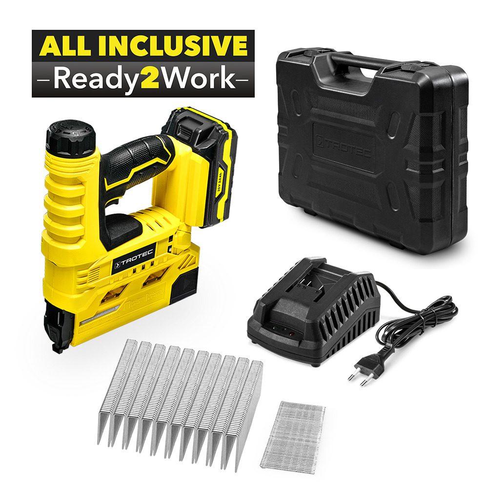 Akku-Tacker PTNS 10-20V mit Akku, Ladegerät und Zubehör. Der gelbe Tacker und das Zubehör sind auf weißem Hintergrund dargestellt.