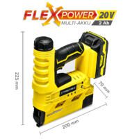 Akku-Tacker PTNS 10-20V von Trotec: Gelbes Werkzeug mit Akku und Abmessungen. Ideal für Handwerker, die einen kabellosen Tacker suchen.