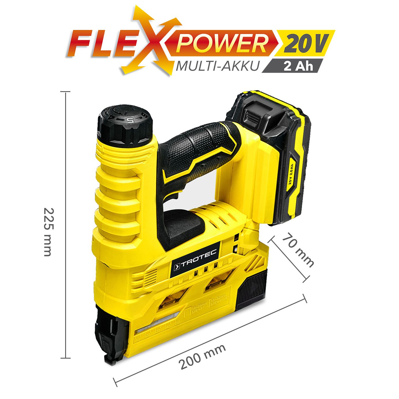 Akku-Tacker PTNS 10-20V von Trotec: Gelbes Werkzeug mit Akku und Abmessungen. Ideal für Handwerker, die einen kabellosen Tacker suchen.