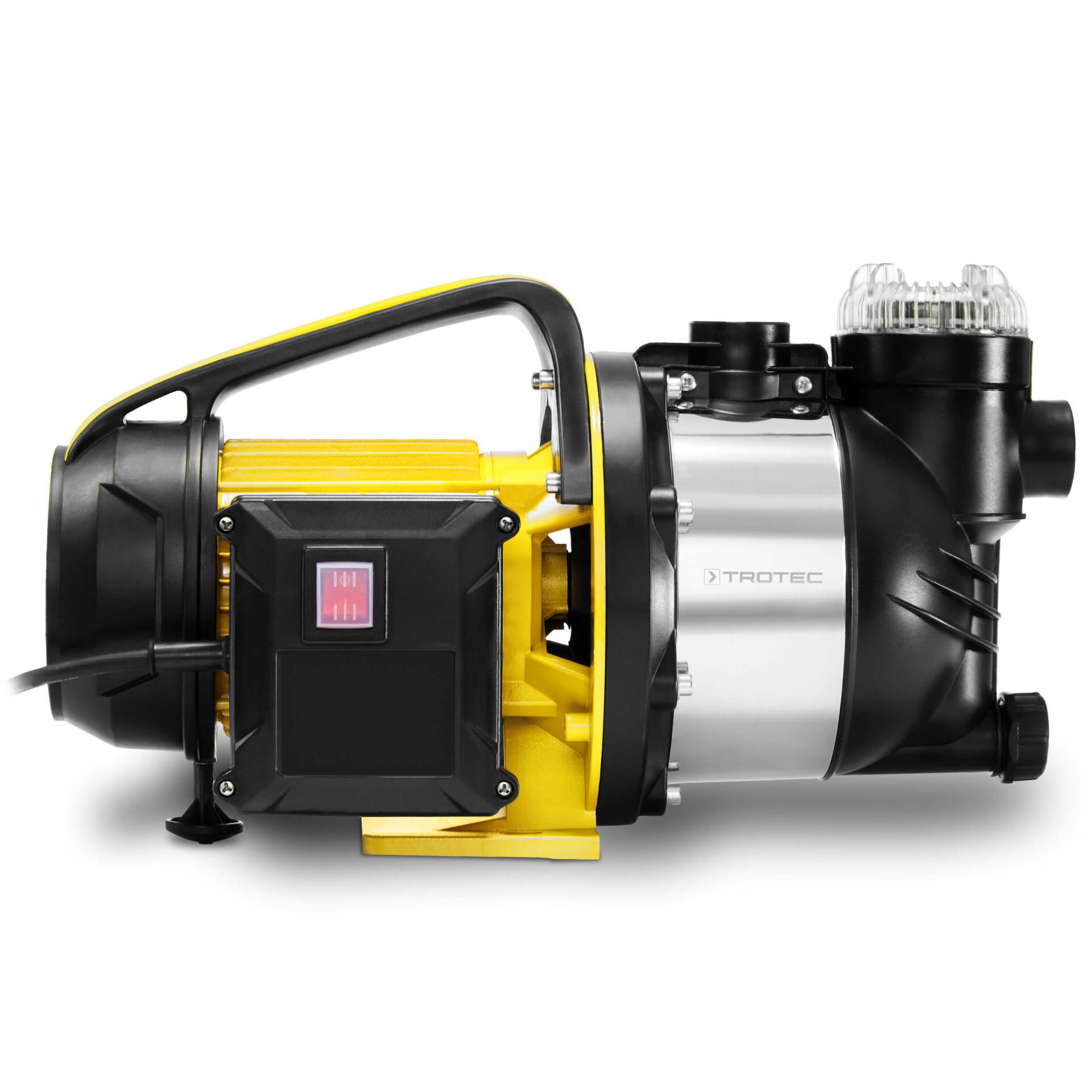 Trotec Gartenpumpe TGP 4800 ESF mit Filter: Robuste, gelb-schwarze Gartenpumpe für effiziente Bewässerung und Wasserförderung im Garten.