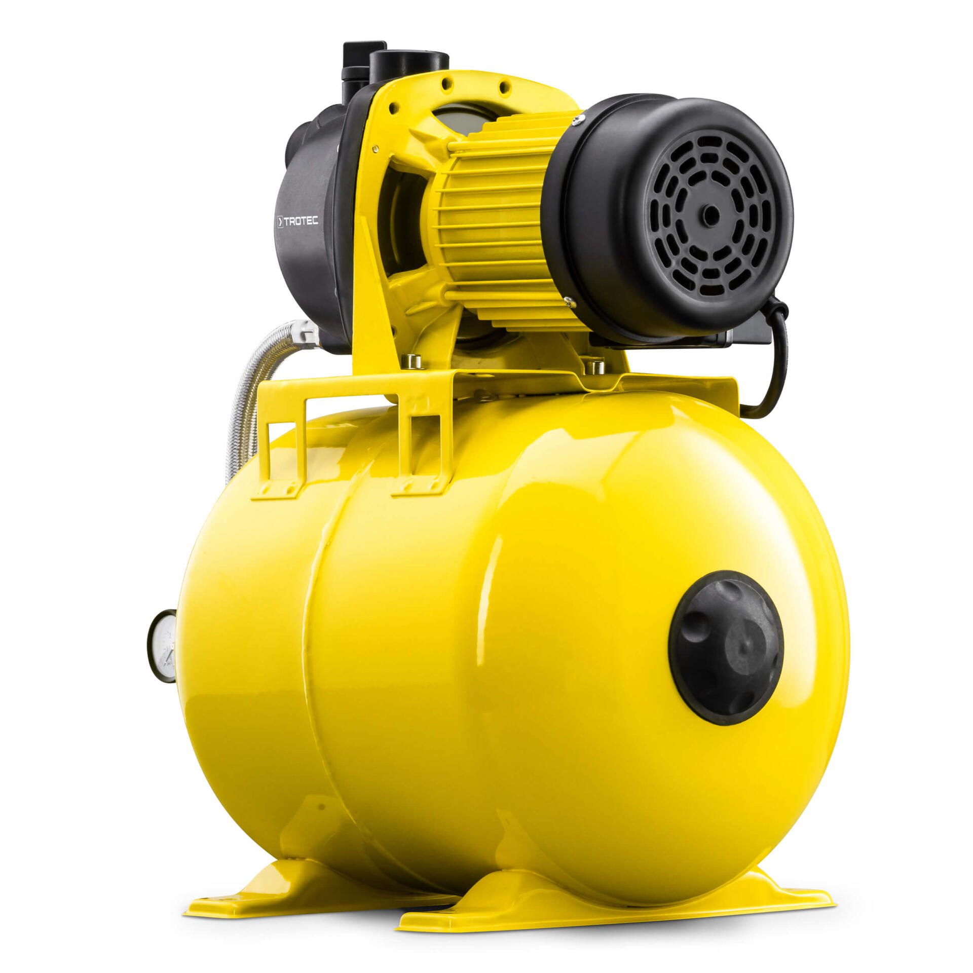Gelbes Trotec Hauswasserwerk TGP 1025 E mit Motor und Druckbehälter. Ideal zur automatischen Wasserversorgung im Haus und Garten. Bild 2.