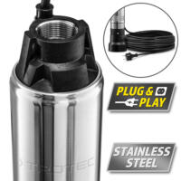 Detailaufnahme einer Tiefbrunnenpumpe TDP 750 E aus Edelstahl. Plug & Play Design für einfache Installation. Ideal für Brunnen und Zisternen.