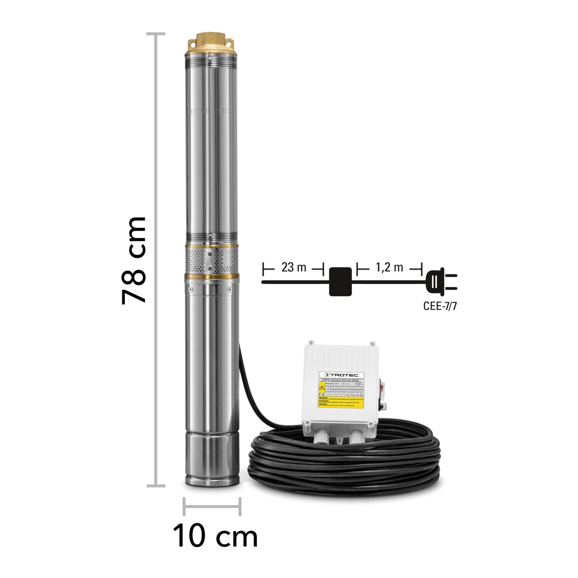 Tiefbrunnenpumpe TDP 5500 E: Edelstahl-Tiefbrunnenpumpe mit Abmessungen 78cm Höhe und 10cm Durchmesser. Ideal für Brunnen und Zisternen.