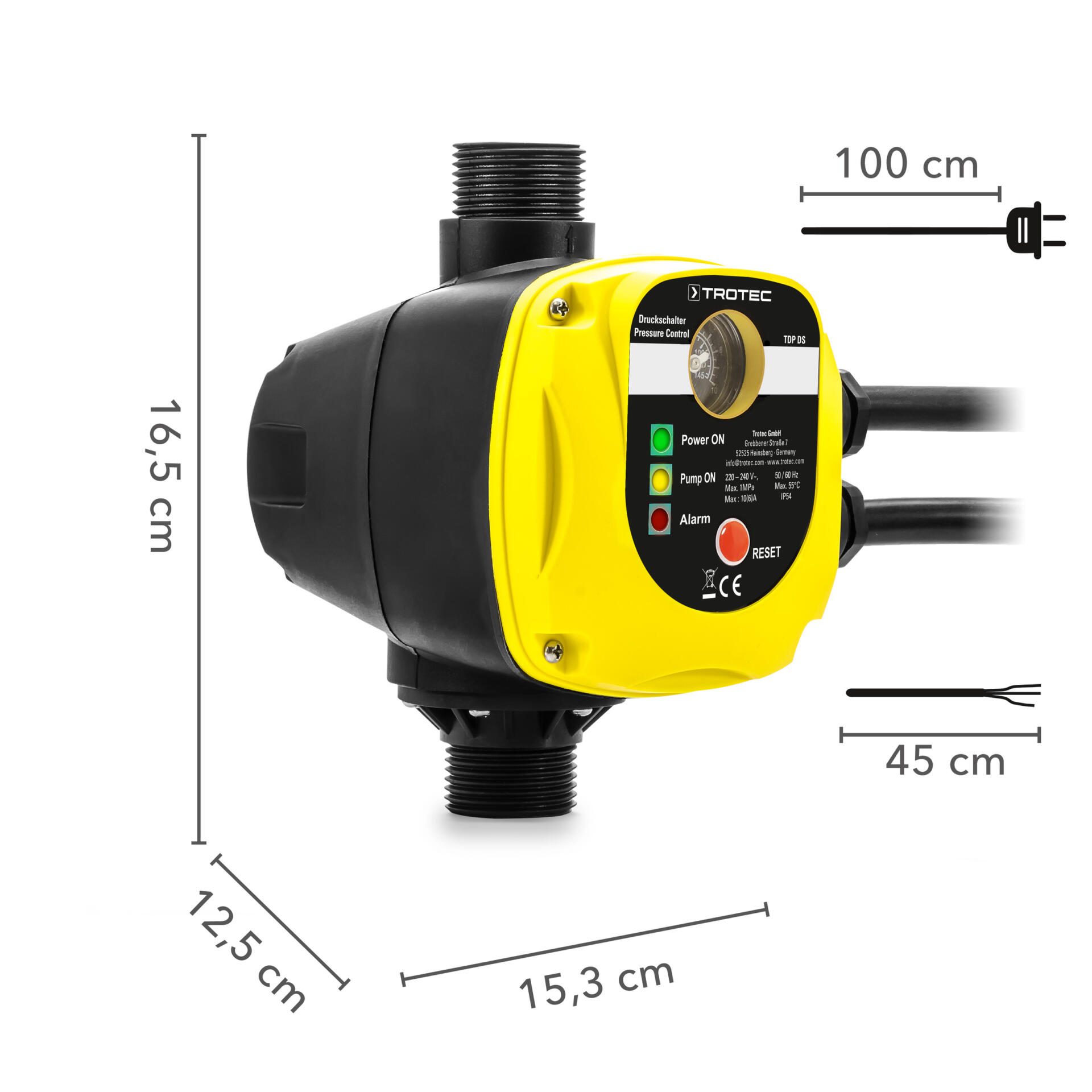 Elektronischer Druckschalter TDP DS ohne Stecker von Trotec. Detailaufnahme mit Maßen. Ideal für Pumpensteuerung. Jetzt kaufen!