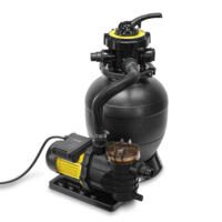 Sandfilterpumpe TSP 10000 EF: Schwarze Poolpumpe mit Filterkessel und gelben Akzenten für sauberes Poolwasser. Effiziente Reinigung!