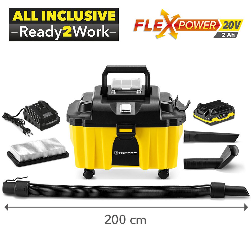 Akku-Staubsauger VC 15-20V: Gelb-schwarzer Nass-Trockensauger mit Akku, Ladegerät & Zubehör. Ideal für flexible Reinigung. 200 cm Schlauch