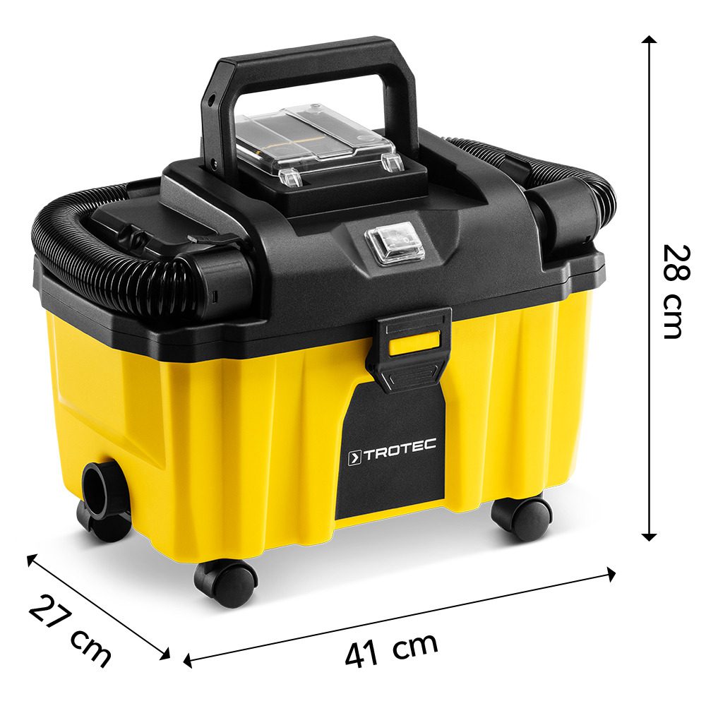 Akku-Staubsauger VC 15-20V von Trotec. Gelb-schwarzes Design, inkl. Akku und Ladegerät. Ideal für flexible Reinigung, kompakte Abmessungen.