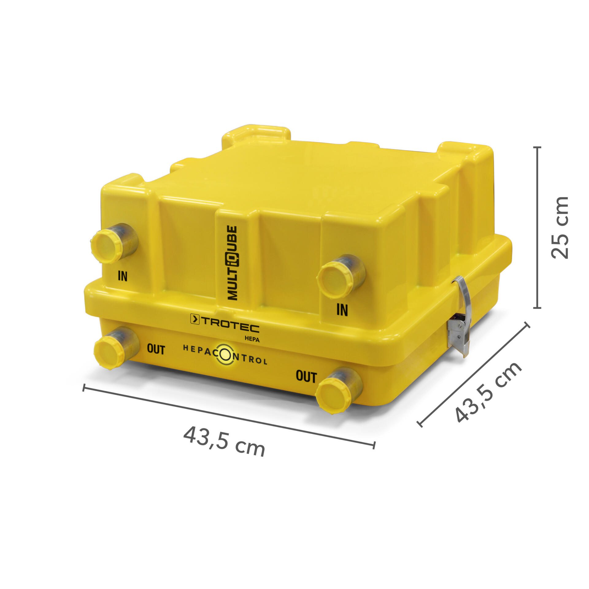 Gelber HEPA-Filter HC MultiQube von Trotec, seitlich fotografiert. Anschlüsse 'In' und 'Out' sind sichtbar. Ideal für saubere Luft und Staubbekämpfung.