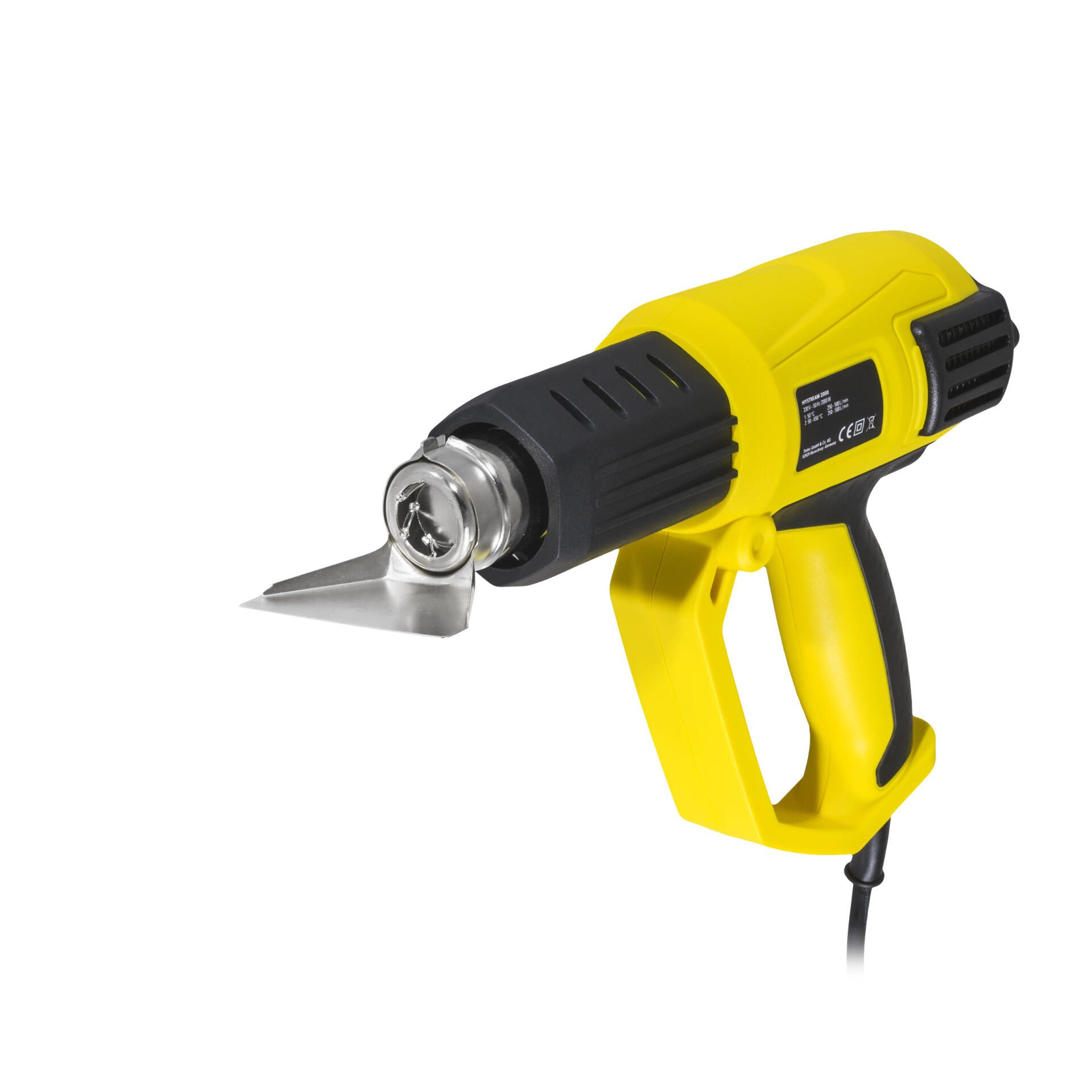 Gelbe Heißluftpistole HyStream 2000 Detailaufnahme. Ideal zum Entfernen von Farbe, Verformen von Kunststoffen und Trocknen von Oberflächen.