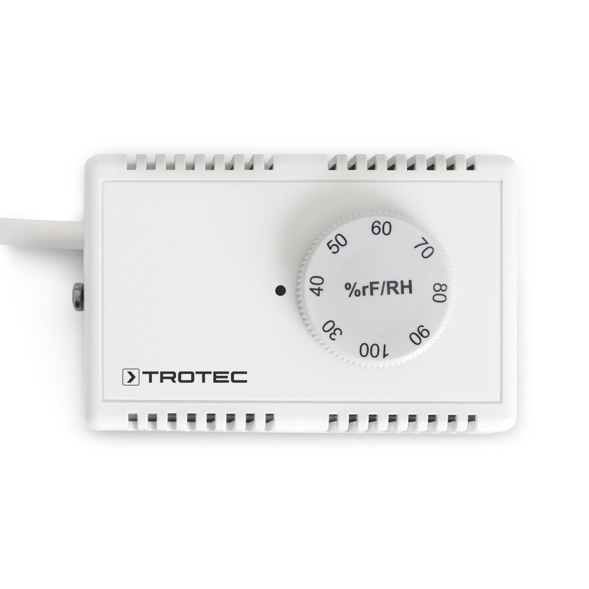 Detailansicht eines Raumhygrostats HG 135 mit Schaltsteckdose von Trotec. Regler zeigt Feuchtigkeit in %rF/RH. Ideal für Klimakontrolle.
