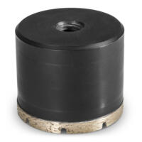 Detailaufnahme einer 65-mm-Bohrkrone für Standbohrmaschinen. Das Werkzeug ist in Schwarz und Silber gehalten und zeigt ein Gewinde oben.