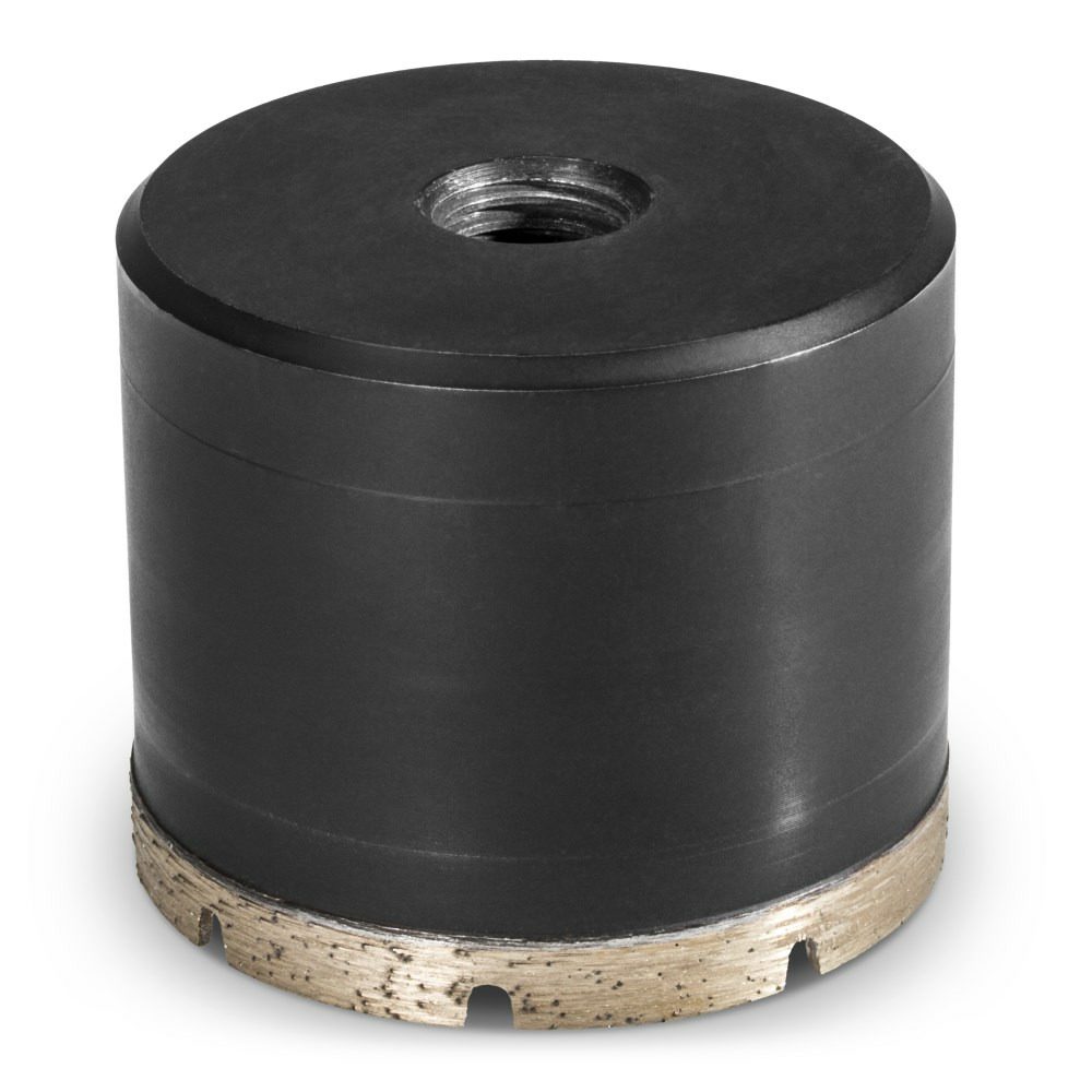 Detailaufnahme einer 65-mm-Bohrkrone für Standbohrmaschinen. Das Werkzeug ist in Schwarz und Silber gehalten und zeigt ein Gewinde oben.