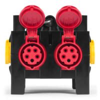 Mobiler Stromverteiler PV16: Detailansicht der robusten Stromanschlüsse in Rot und Gelb am schwarzen Gehäuse. Ideal für Baustellen.