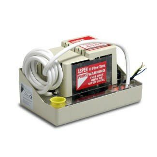 Kondensatpumpe TTK 800 mit Einbausatz: Detailaufnahme der Pumpe mit Kabel und Anschlüssen. Ideal für Entfeuchtung und Klimatisierung.