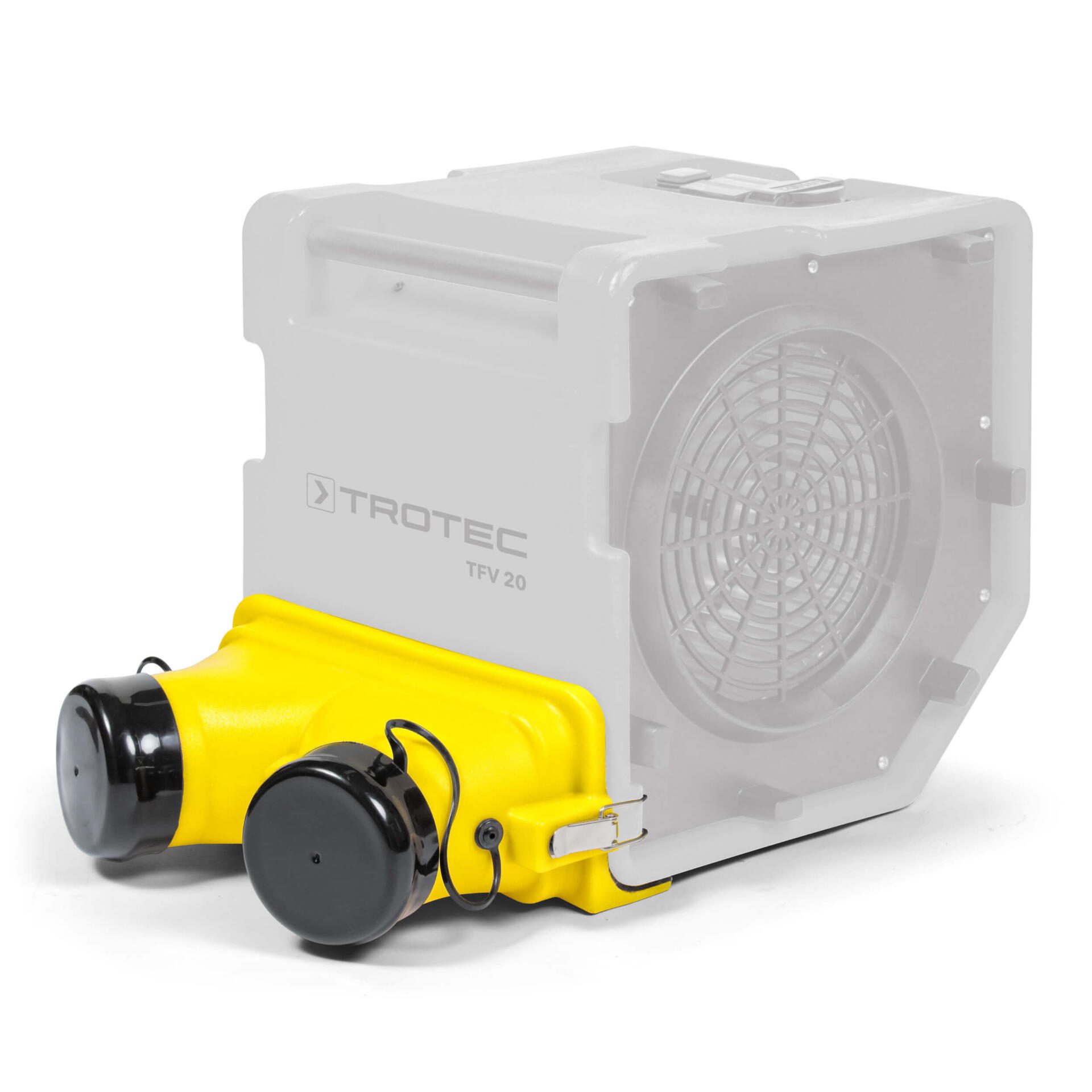 Trotec TFV 20 Vorsatz-2er-Verteiler: Gelber Verteiler mit zwei Ausgängen am TFV 20 für effiziente Luftverteilung. Ideal für Bautrocknung.