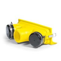 Gelber 3-Wege-Verteiler TFV 30. Ideal für Lüftungstechnik, Baustellen. Robust, zuverlässig und effizient. Verteilt Luftströme optimal. 