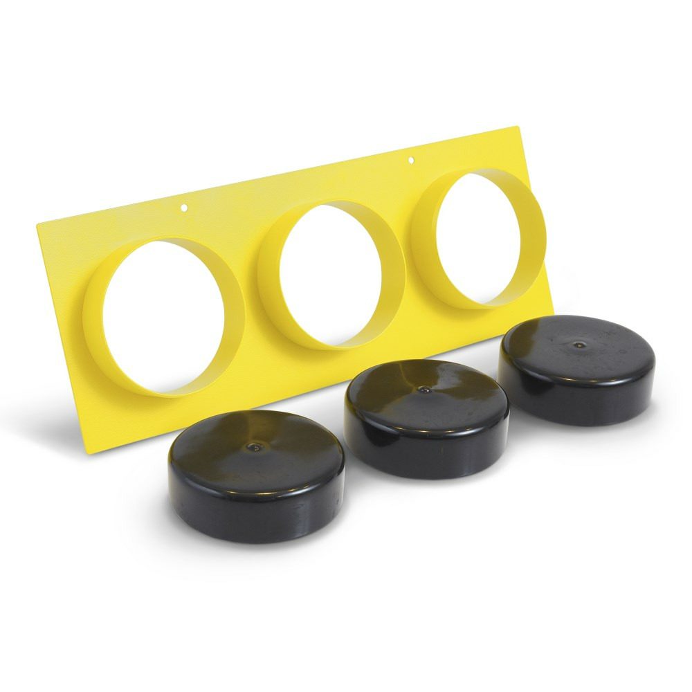 Gelber Vorsatz-3er-Verteiler TFV Pro 1-100 mm mit drei schwarzen Deckeln. Ideal für Lüftungstechnik und Trocknung. Professionelle Qualität.