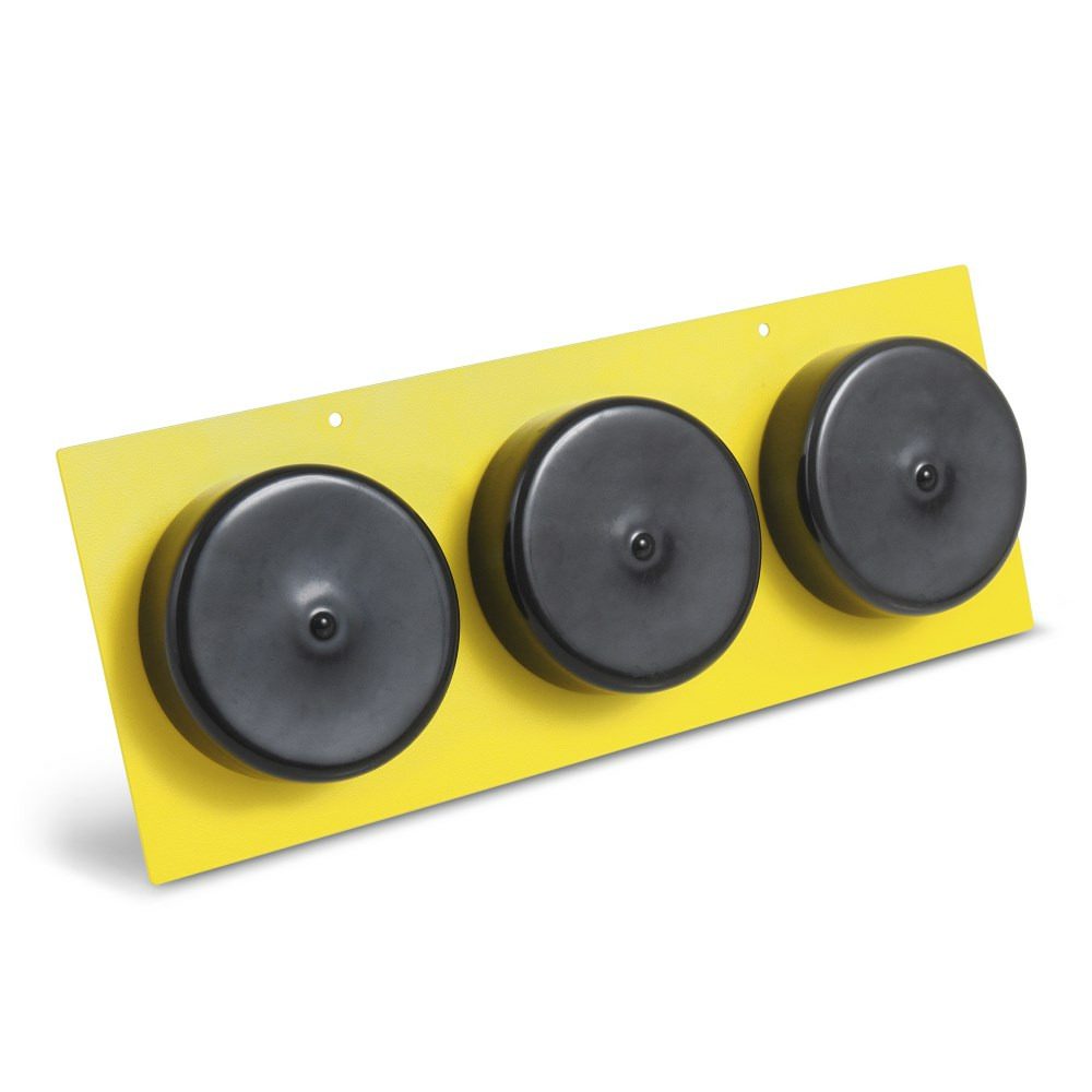 TFV Pro 1-100 mm Vorsatz-3er-Verteiler: Gelbe Platte mit drei schwarzen, runden Luftauslässen. Ideal für Bautrockner und Belüftung.