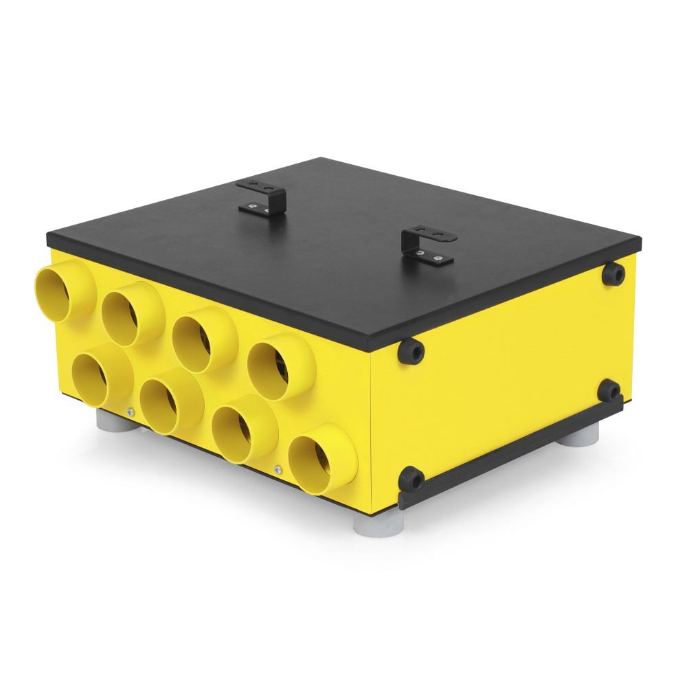 TFV Pro 1-50 mm Vorsatz-8er-Verteiler: Gelb-schwarzer Luftverteiler mit acht Anschlüssen für effiziente Trocknung. Ideal für Profis.