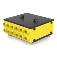 Gelber TFV Pro 1-38 mm Vorsatz-12er-Verteiler mit schwarzem Deckel. Ideal für die effiziente Luftverteilung bei Trocknungsprozessen.