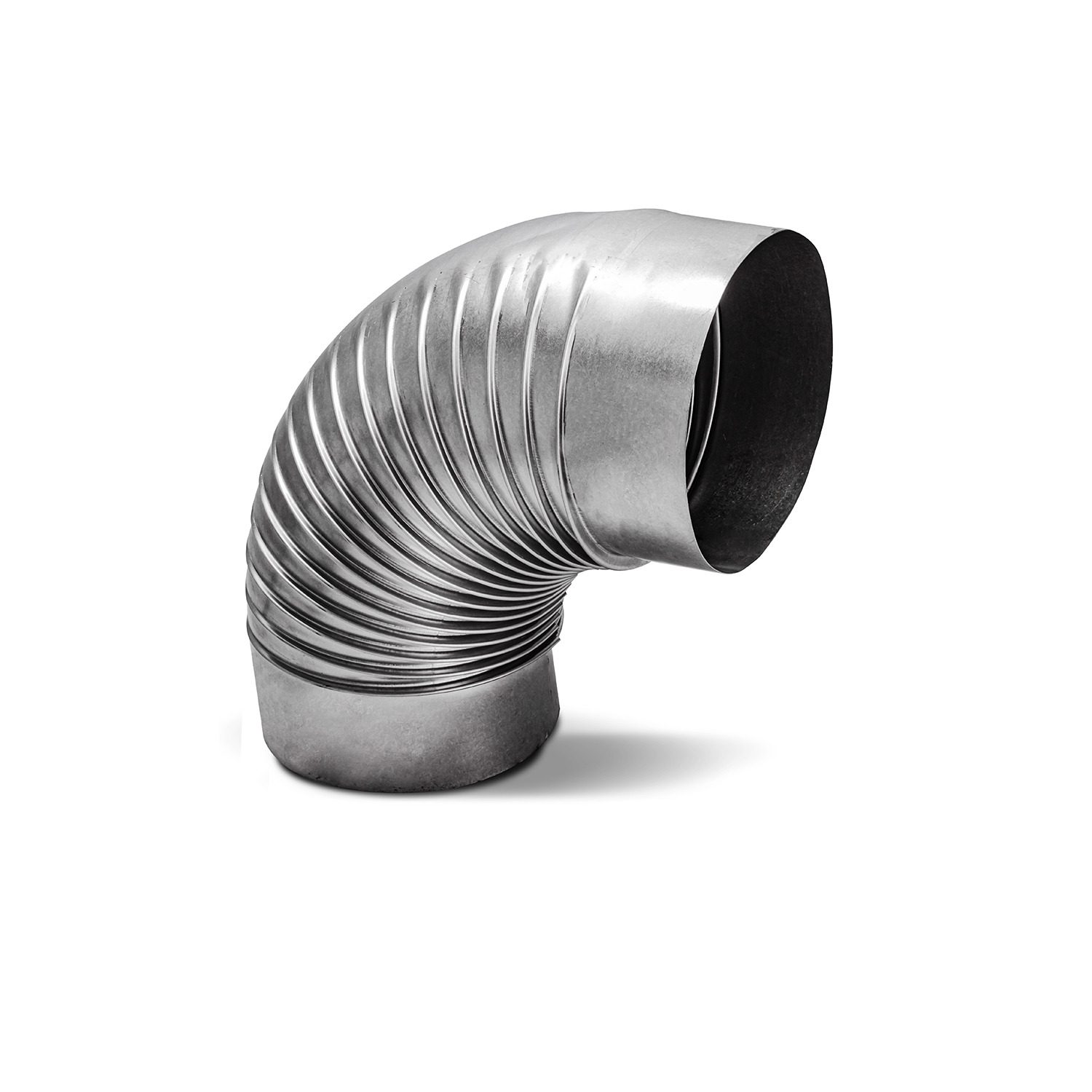 Abgasrohr-Bogen 90-120 mm: Detailaufnahme eines silberfarbenen, gewellten Abgasrohrbogens. Ideal für Heizungs- und Lüftungssysteme. Top Qualität!