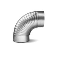 Abgasrohr-Bogen 90-120 mm: Detailansicht eines silbernen, flexiblen Abgasrohrbogens. Ideal für Heizungs- und Lüftungssysteme. Robuste Bauweise.