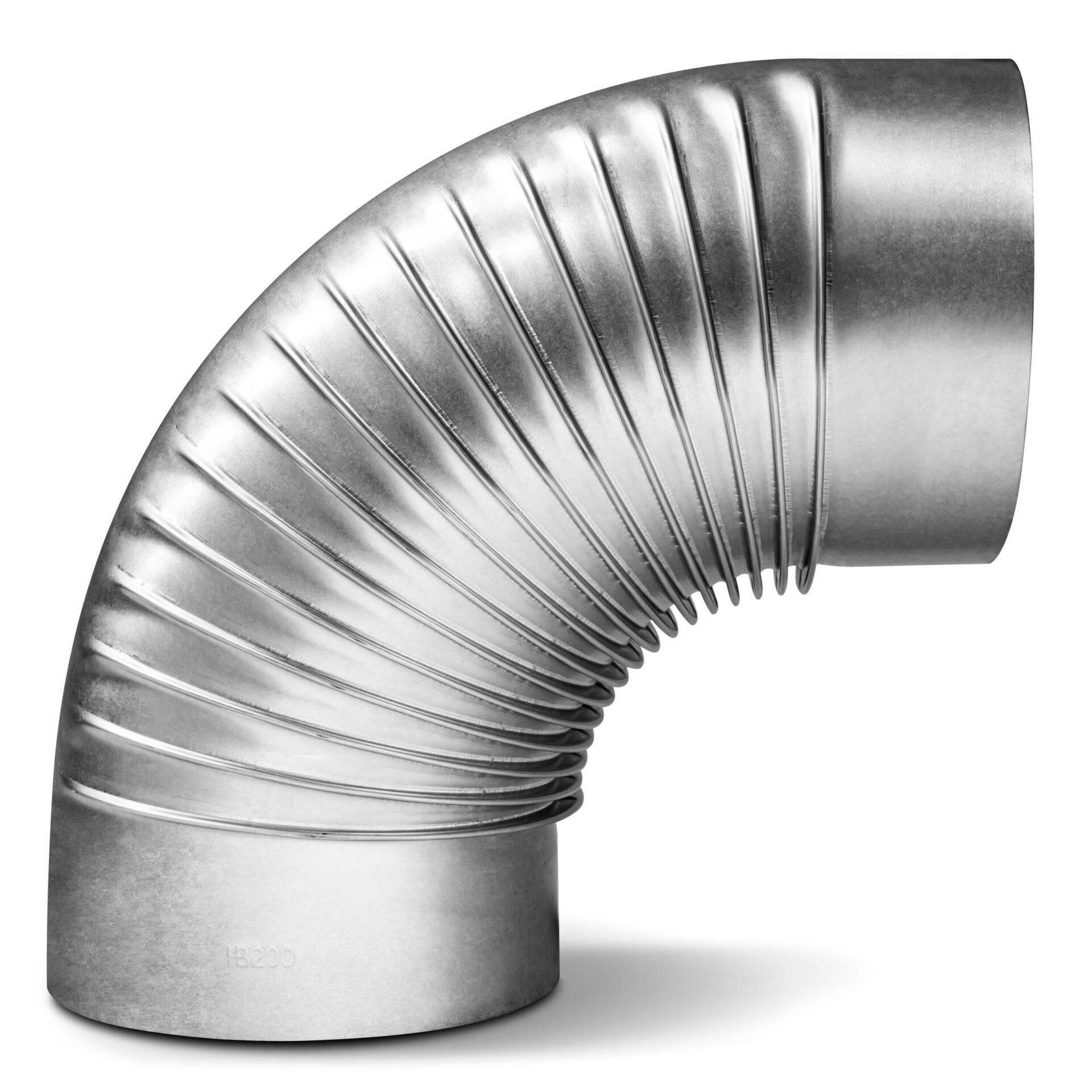 Abgasrohr-Bogen 90° 200 mm: Detailansicht eines silberfarbenen, geriffelten Abgasrohrbogens mit einem Durchmesser von 200 mm und einem 90-Grad-Winkel.