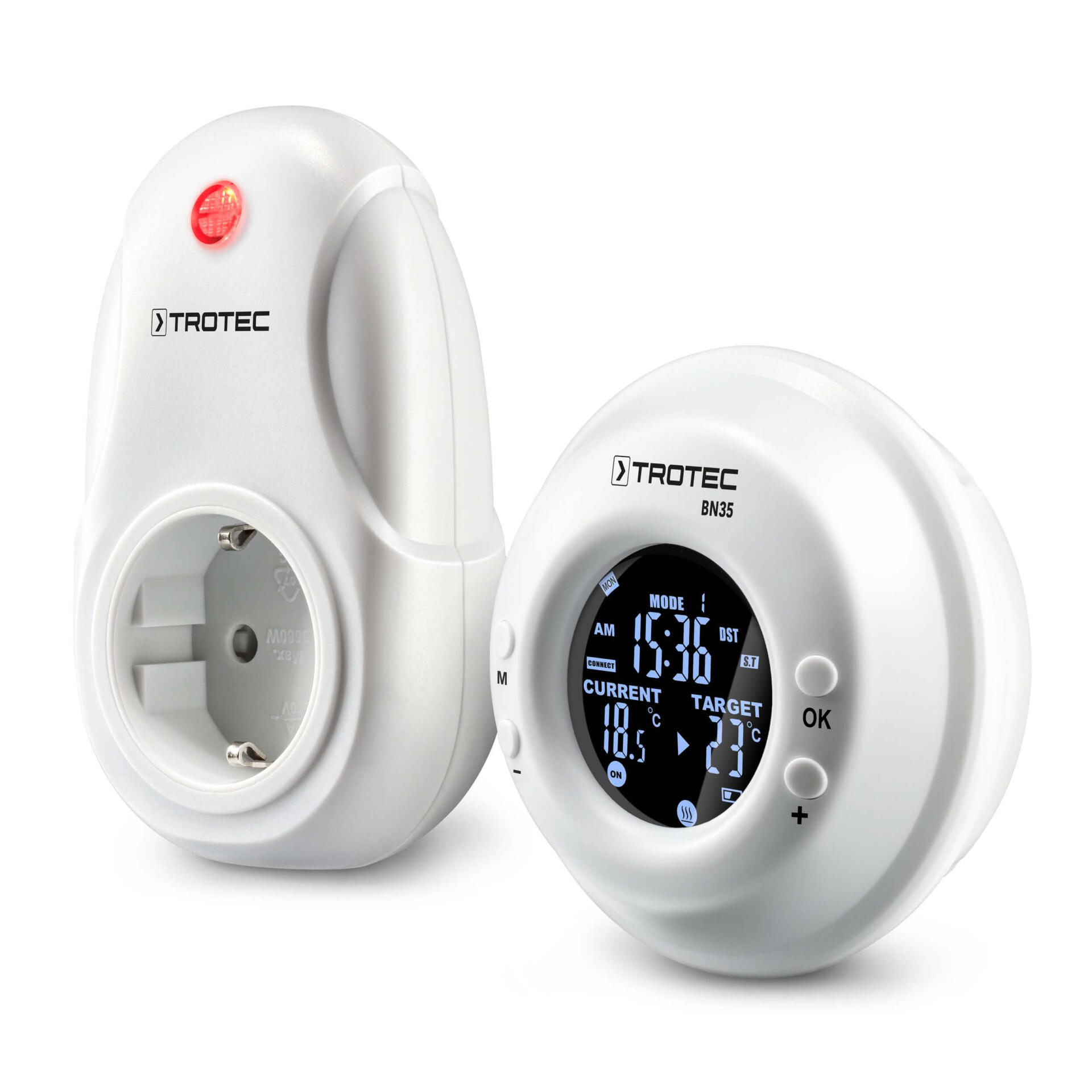 Funk Thermostat BN35 von Trotec mit Zeitschaltuhr. Detailaufnahme des weißen Geräts mit Display und Steckdose für präzise Temperaturregelung.