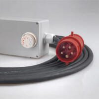 Thermostat für TEH 70/100 & TDE 65/95 Elektroheizer: Detailansicht des Temperaturreglers und des roten Starkstromsteckers für Heizgeräte.