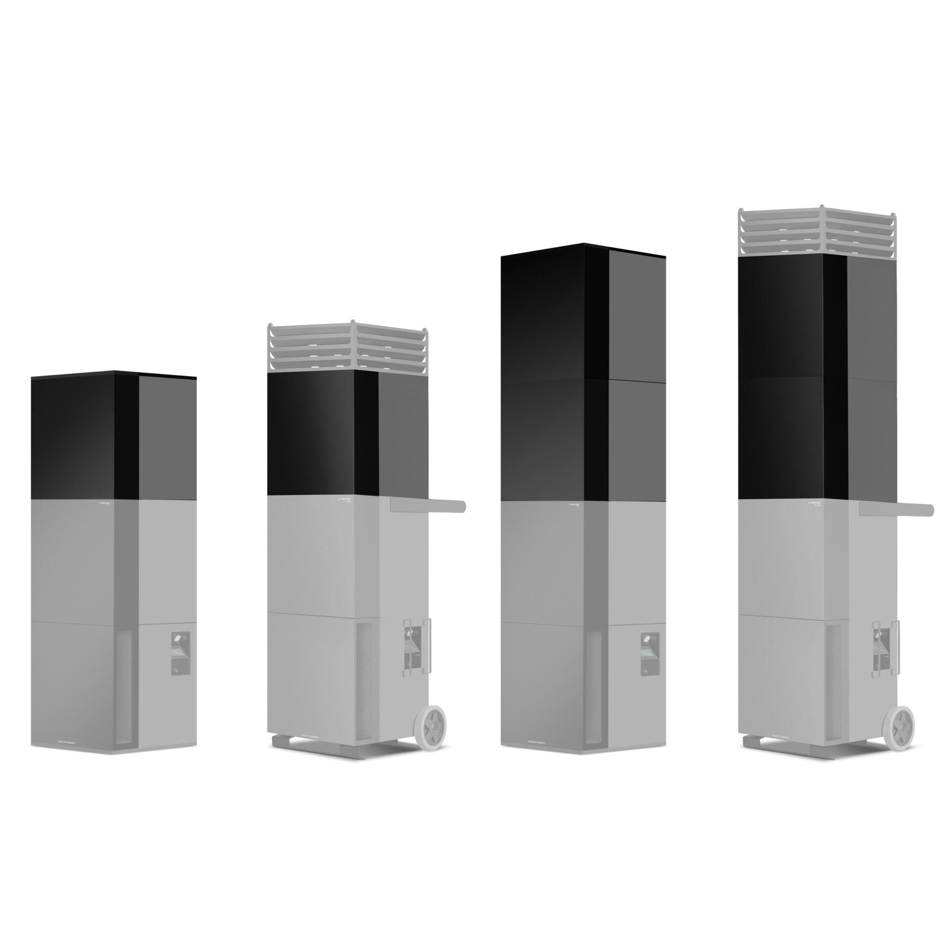 TAC Hochleistungs Flow Extender Silence in Basaltgrau und Schwarz. Unterschiedliche Höhen dargestellt für optimale Leistung.