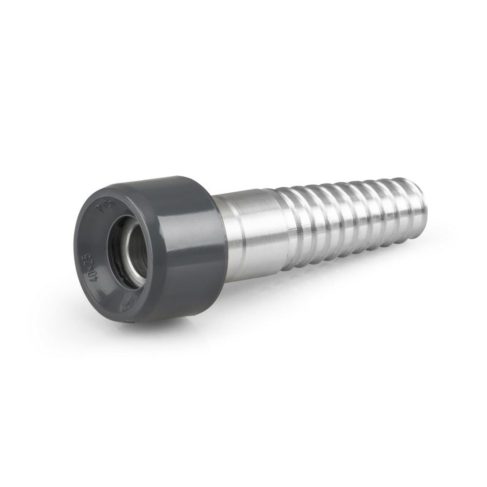 Aluminium Eindreher für 38 mm Schlauch: Detailaufnahme eines silbernen Schlauchverbinders mit grauem Ende, ideal für sichere Schlauchverbindungen.